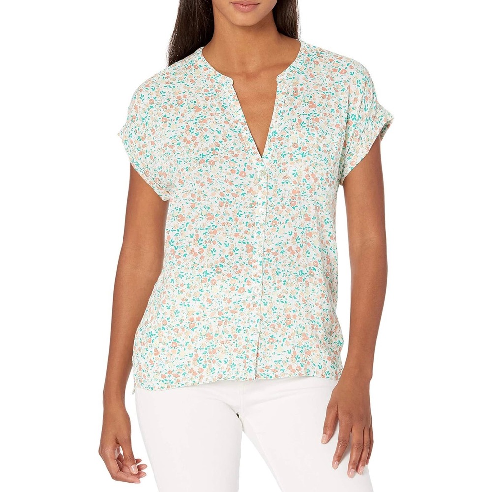 Lucky Brand Summer Floral Cap Sleeve Shirt Size Large White Green Cottagecore
